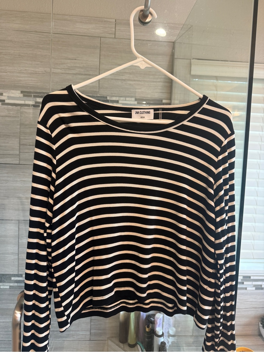 LNA Black and White Striped Long Sleeve Top